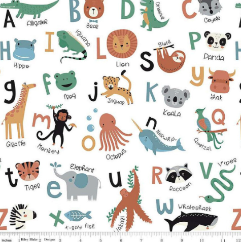 Riley Blake Alphabet Animals White flannel fabric