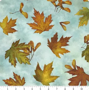 Stonehenge Autumn Splendor Light Teal Leaves and Keys quilting fabric by Northcott