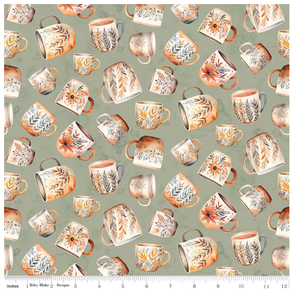 Coffee Time Coffee Mugs Sage novelty quilting fabric by Riley Blake