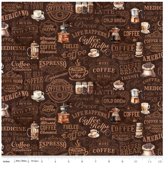 Coffee Time Text Brown novelty quilting fabric by Riley Blake