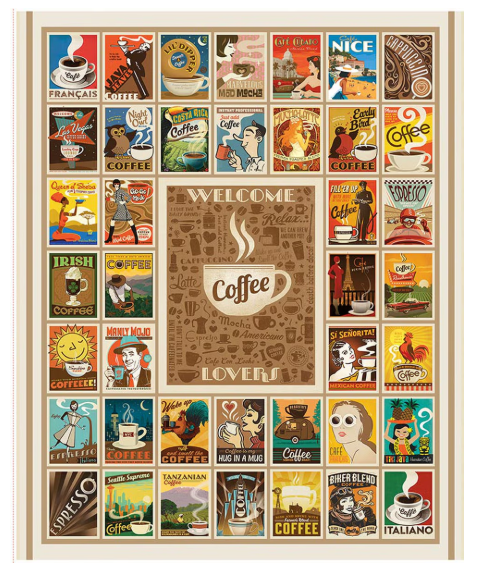 Coffee Time Welcome Coffee Lovers Panel quilting fabric by Riley Blake