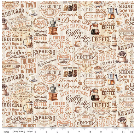 Coffee Time Text Cream novelty quilting fabric by Riley Blake