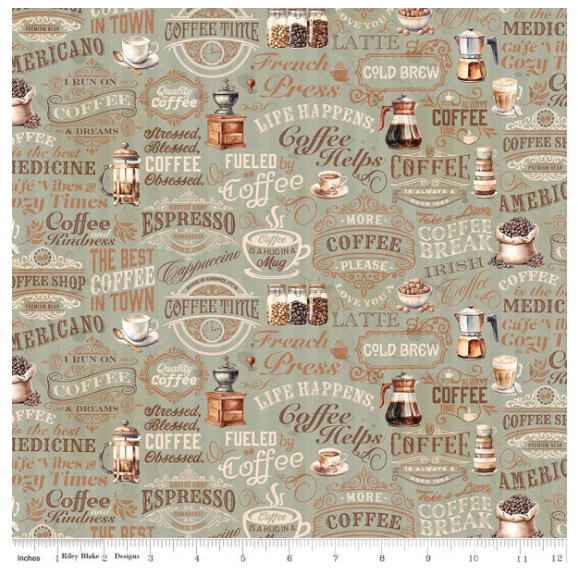 Coffee Time Text Sage novelty quilting fabric by Riley Blake