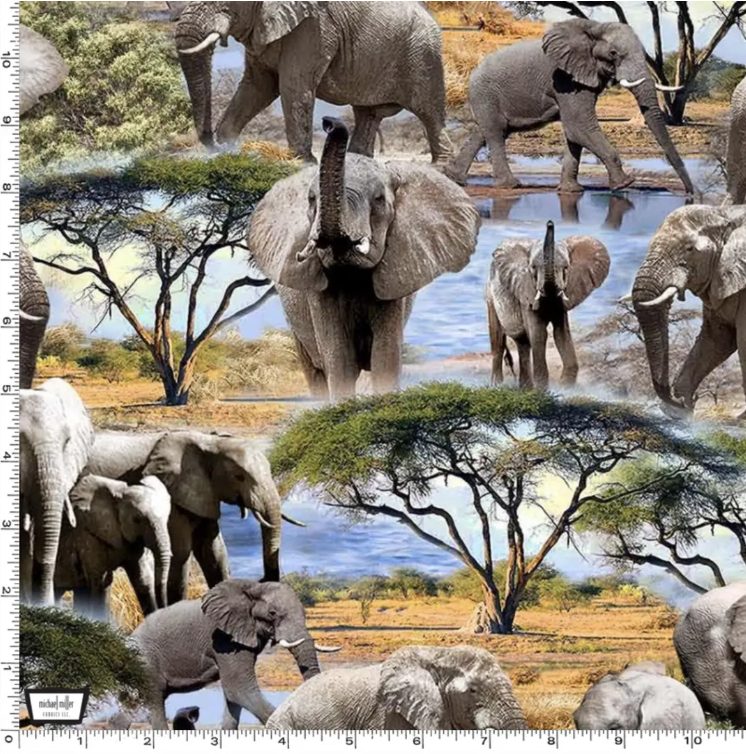 Serengeti Plains Multi Elephants Trunk Show novelty quilting fabric by Michael Miller
