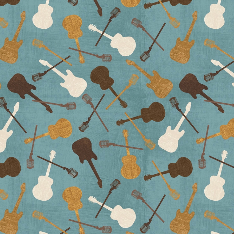 Rhythm and Harmony Teal Guitar and Mic Toss novelty quilting fabric by Wilmington Prints