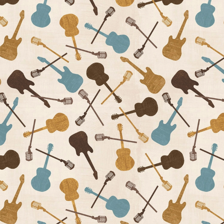 Rhythm and Harmony Cream Guitar and Mic Toss novelty quilting fabric by Wilmington Prints