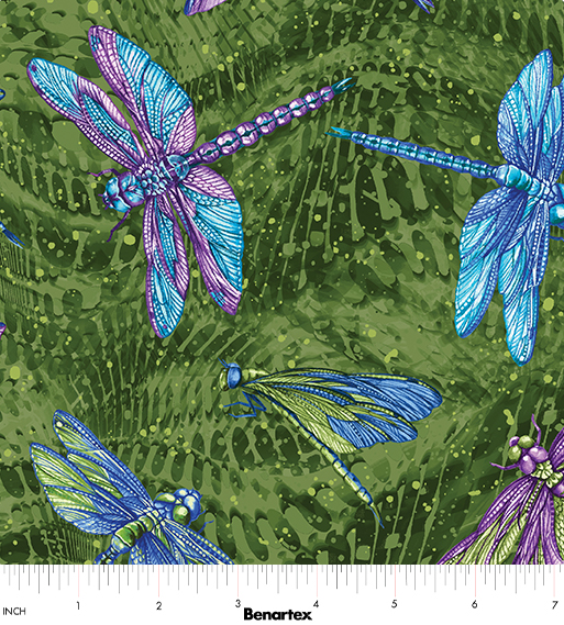 Dragonfly Wonder Large Dragonfly Pine Multi novelty quilting fabric by Benartex
