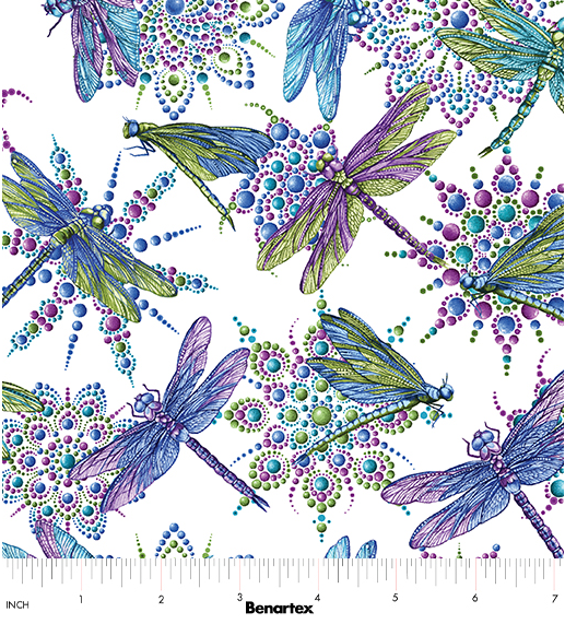 Dragonfly Wonder Small Dragonfly White Multi novelty quilting fabric by Benartex