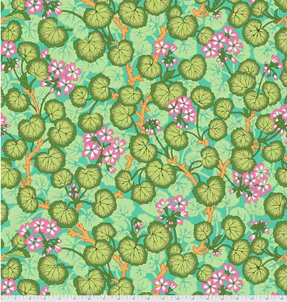 Climbing Geraniums Green floral quilting fabric by Kaffe Fassett for Free Spirit