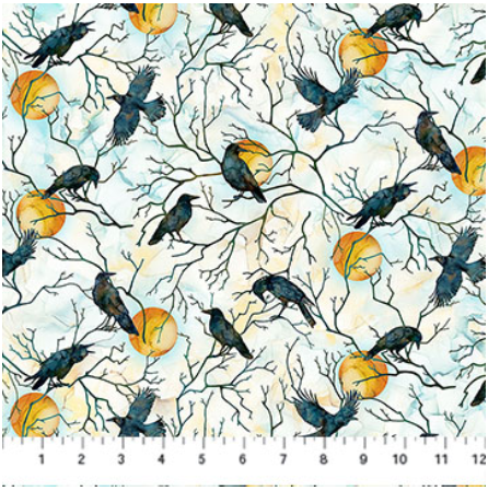 Ravens Call Raven Moon White Multi Halloween quilting fabric by Northcott