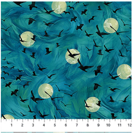 Ravens Call Flying Ravens Teal Halloween quilting fabric by Northcott
