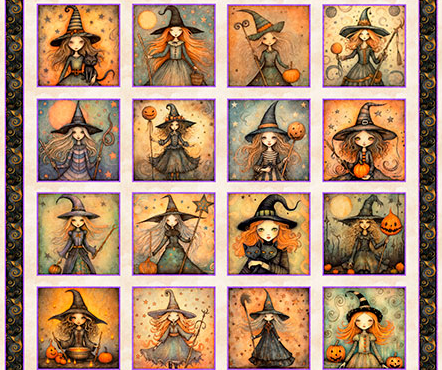 Witchypoo Witch Picture Patches Tan Halloween quilting fabric by Quilting Treasures
