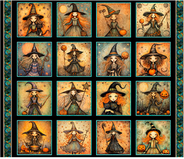 Witchypoo Witch Picture Patches Black Halloween quilting fabric by Quilting Treasures