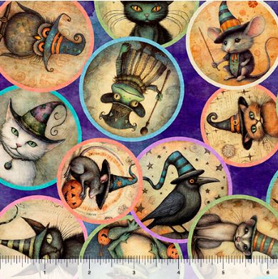 Witchypoo Animal Witches Medallions Purple Halloween quilting fabric by Quilting Treasures