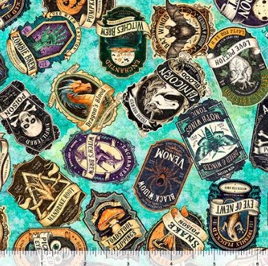 Witchypoo Potion Labels Turquoise Halloween quilting fabric by Quilting Treasures