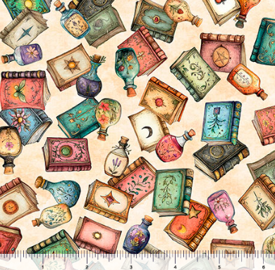 Witchypoo Books Toss Tan Halloween quilting fabric by Quilting Treasures