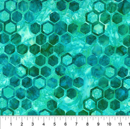 Abstraction Hexies Teal batik quilting fabric by Northcott