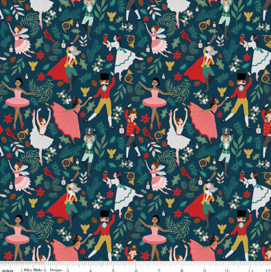 Nutcracker Tradition Storybook Midnight quilting fabric by Riley Blake