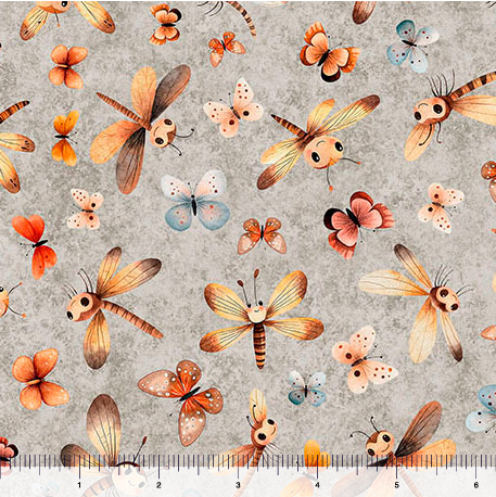 Pandaland Dragonflies and Moths Light Gray quilting fabric by Quilting Treasures