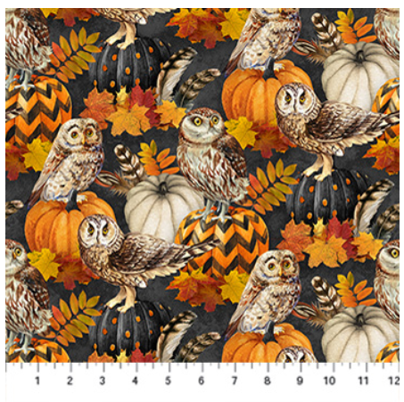 Night Owl Owl and Feathers Charcoal quilting fabric by Northcott