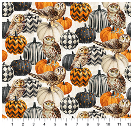 Night Owl Owl and Pumpkin Cream quilting fabric by Northcott