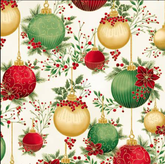 Christmas Wish Natural Ornaments with gold metallic quilting fabric by Hoffman