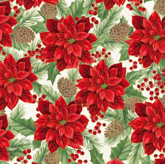 Christmas Wish Natural Poinsettia with gold metallic quilting fabric by Hoffman