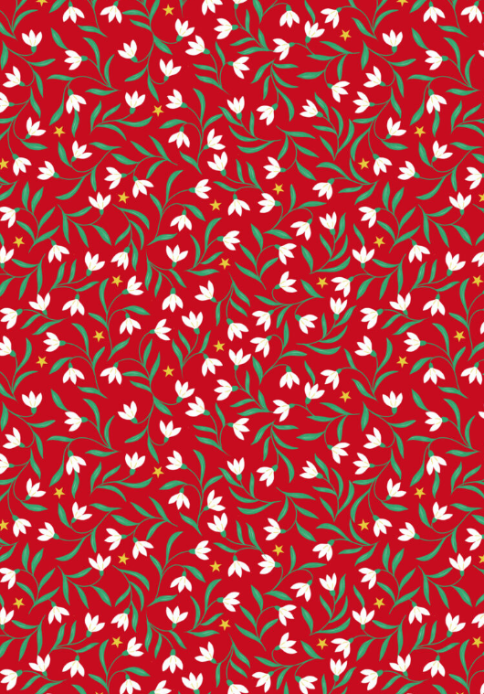 Christmas in Bluebell Wood Snowdrops Red quilting fabric by Lewis and Irene