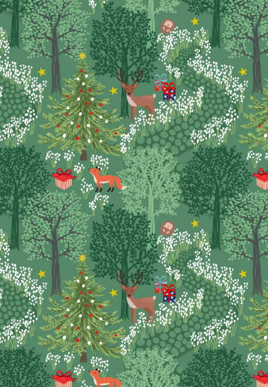 Christmas in Bluebell Wood Main Green quilting fabric by Lewis and Irene