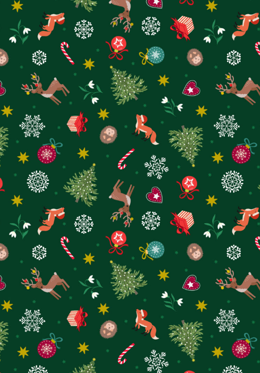 Christmas in Bluebell Wood Scattered Festive Green quilting fabric by Lewis and Irene