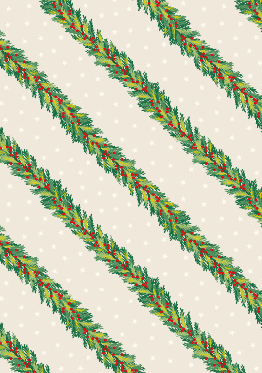 Christmas in Bluebell Wood Spruce Garland Cream quilting fabric by Lewis and Irene