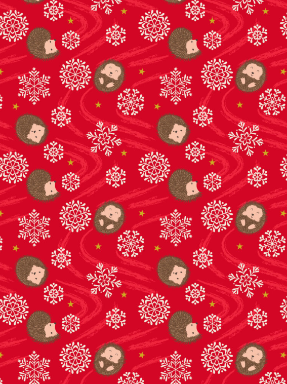 Christmas in Bluebell Wood Snowflake Hedgehog Red quilting fabric by Lewis and Irene
