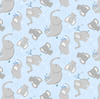 Wilmington Safari Lullaby Blue Elephants quilting fabric — sweet elephants on blue