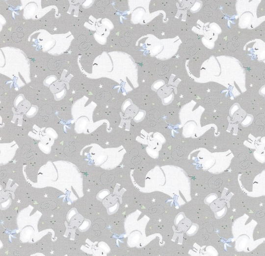 Wilmington Safari Lullaby Grey Elephants quilting fabric — sweet elephants on grey