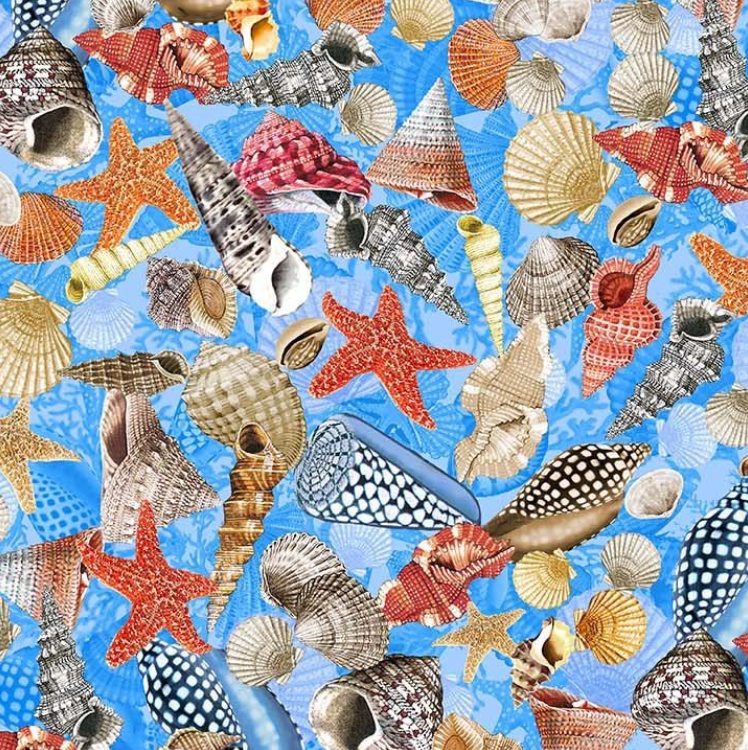 Under the Sea Blue Sea Shells novelty quilting fabric by Michael Miller