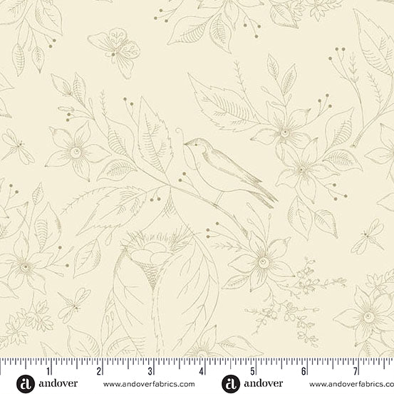 Sewing Bird Cream Cotton Wideback Fabric per yard