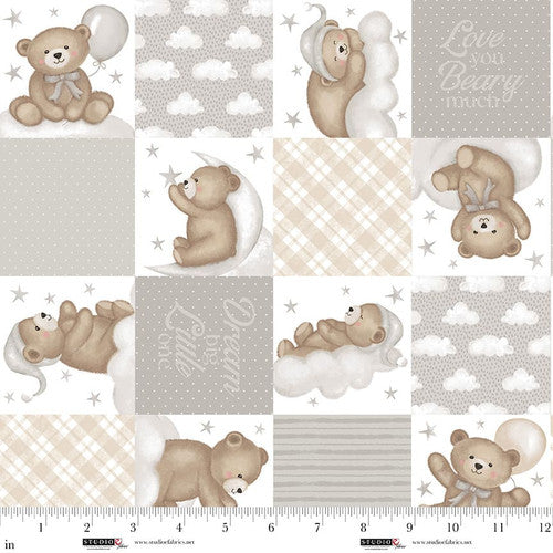 Sleepy Teddy Gray/Multi Teddy Bear Patchwork Cotton 44"/45" Fabric Per Yard
