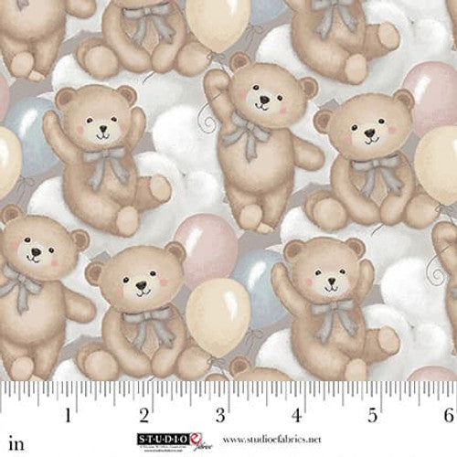 Sleepy Teddy Gray/Multi Teddy Bear and Clouds Cotton 44"/45" Fabric Per Yard