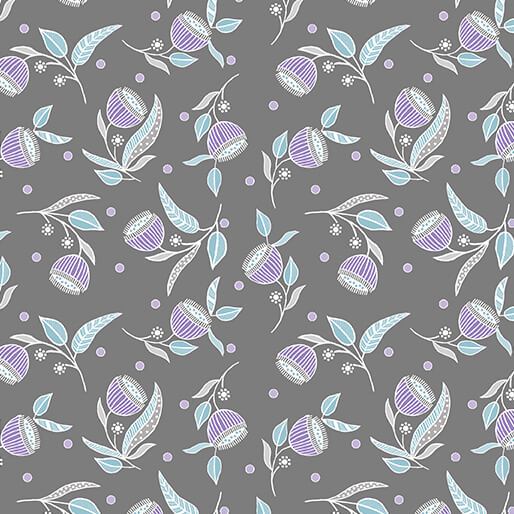 Stitch Garden - Pod Flowers - Charcoal 44" / 45" Fabric Per Yard