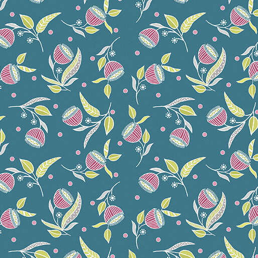 Stitch Garden - Pod Flowers - Dark Teal 44" / 45" Fabric Per Yard