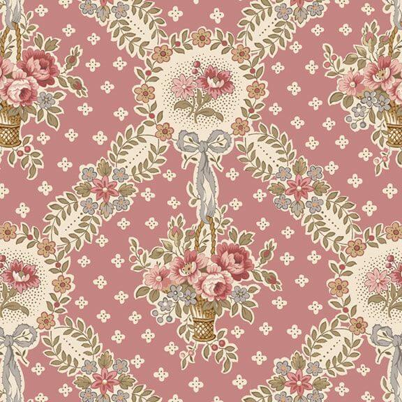 Summer House Floral Basket quilting fabric in rose by Dawn Heese for Marcus Fabrics, floral basket print on rose red cotton, sold by the yard