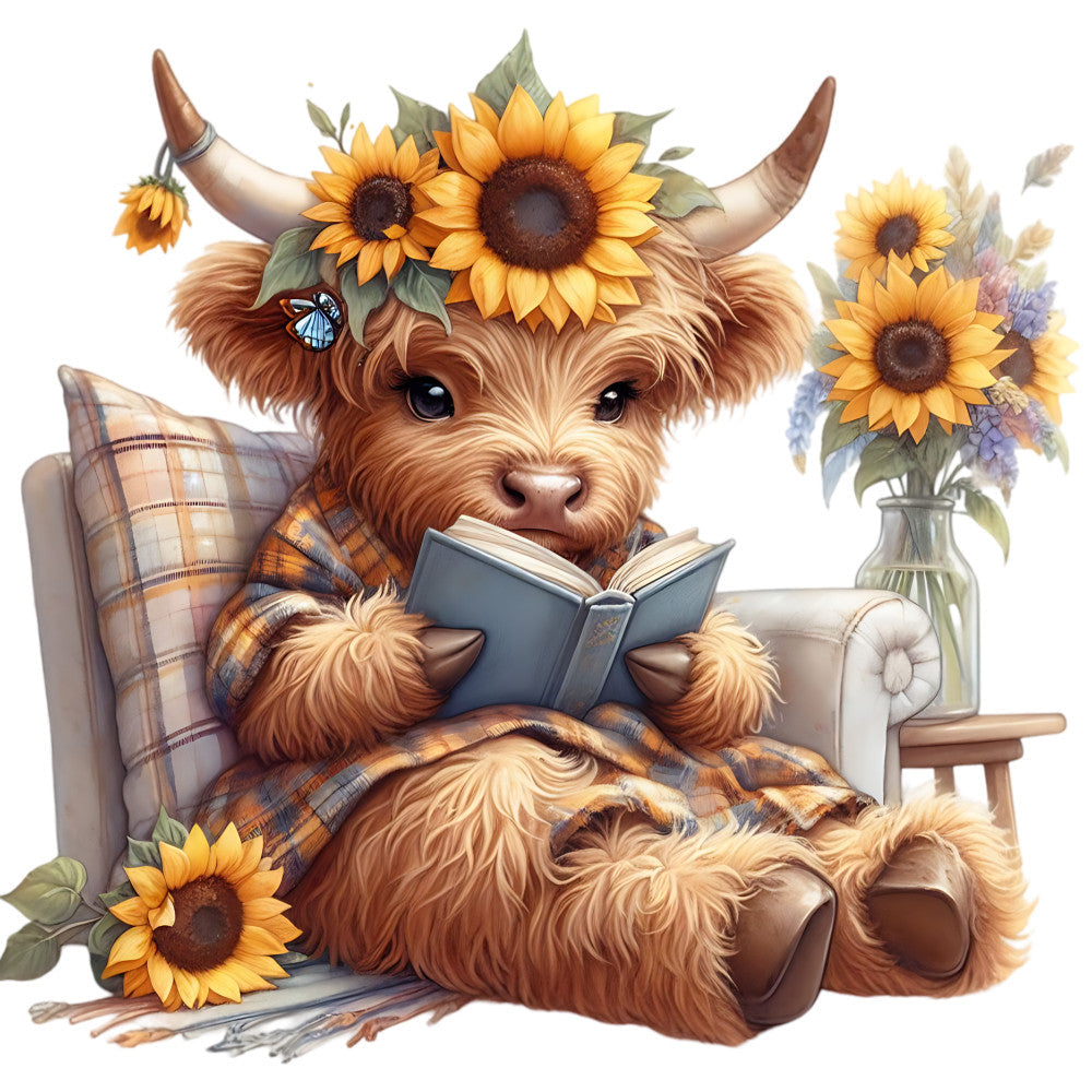 Sunflower Highland Cows Fabric Panel 30