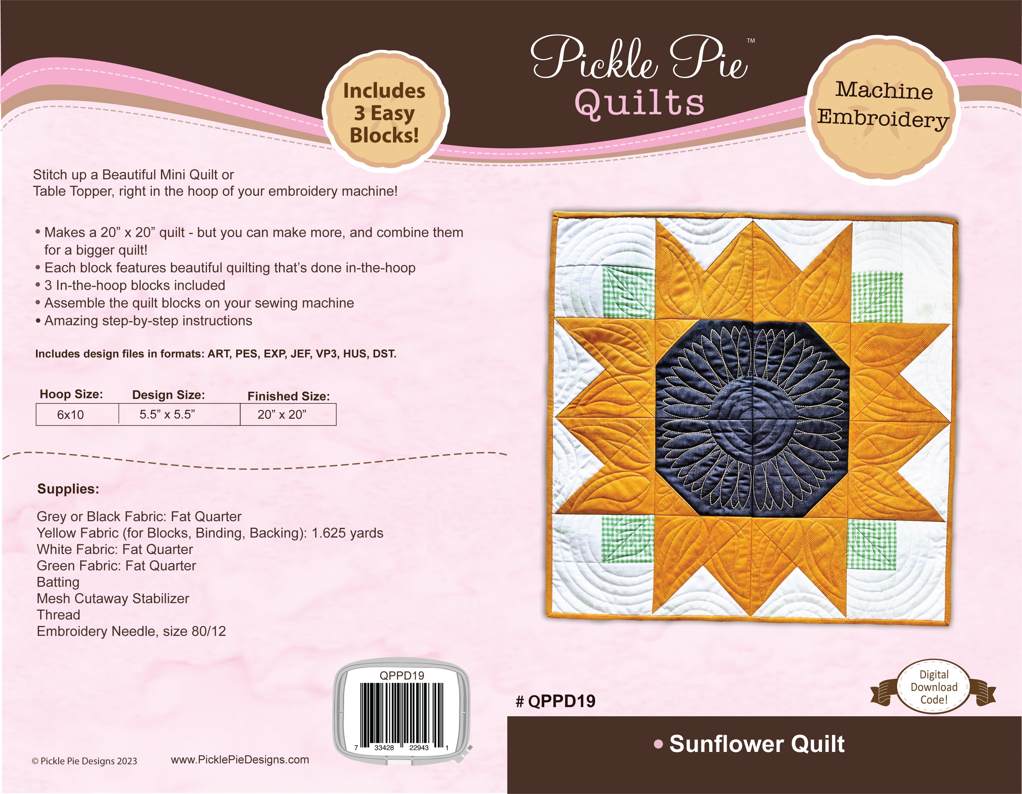 Sunflower In-the-Hoop Quilt In the Hoop Machine Embroidery Design Set