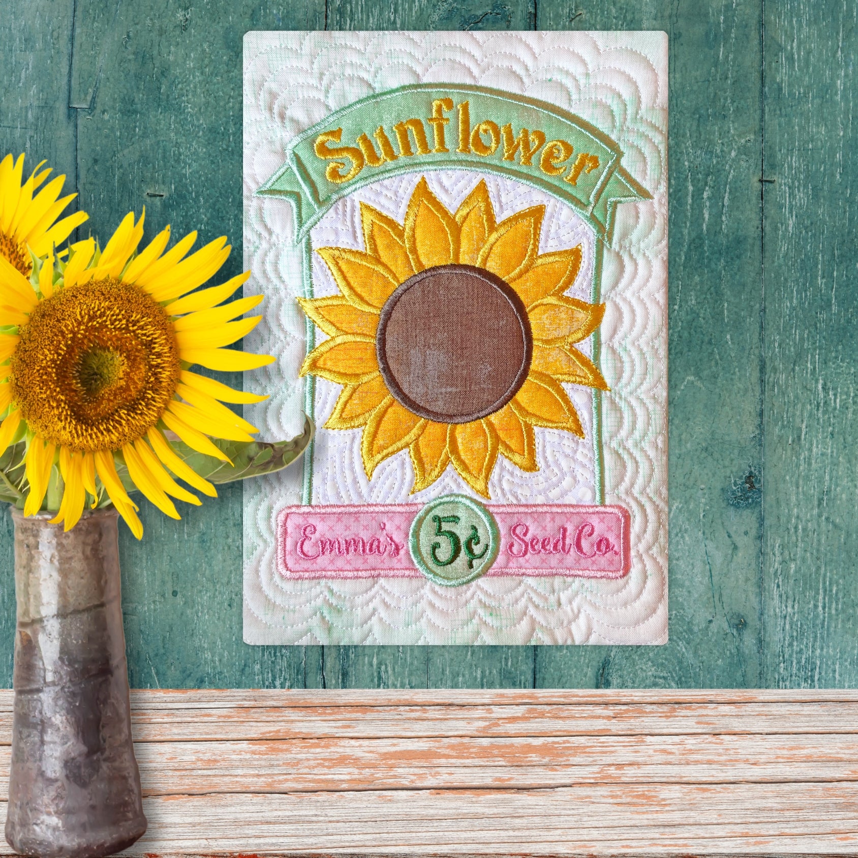 Sunflower Seed Packets Wall Hanging In the Hoop Embroidery Design Pickle Pie Designs