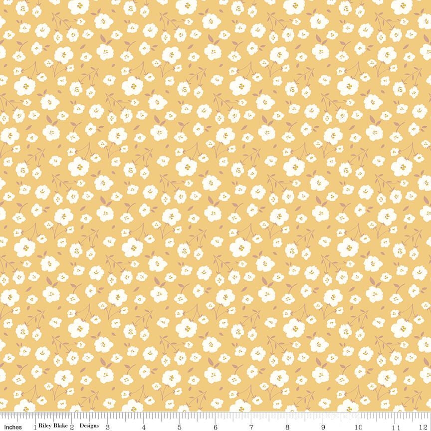 Sunsetridge Flowers quilting fabric in honey by Minki Kim for Riley Blake Designs, floral print on honey cotton, sold by the yard