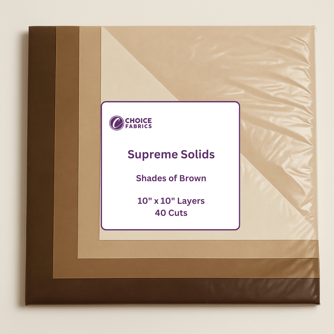 Supreme Solids 10x10 layers Shades of Brown by Choice Fabrics, 40 ten inch cotton squares in brown hues