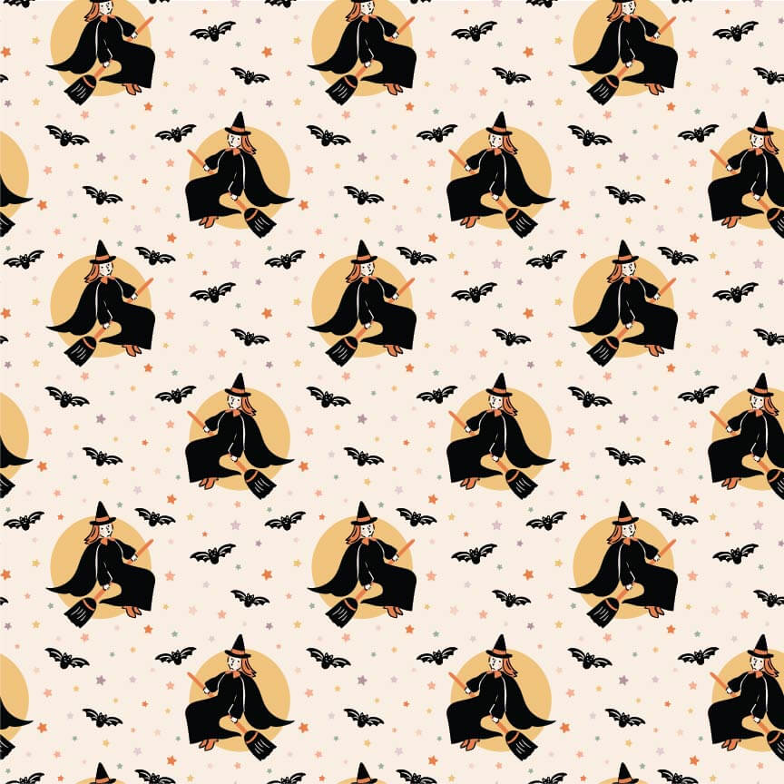 Sweet Tooth Little Witch quilting fabric in natural by Elea Lutz for Poppie Cotton, witch print on natural cotton, sold by the yard