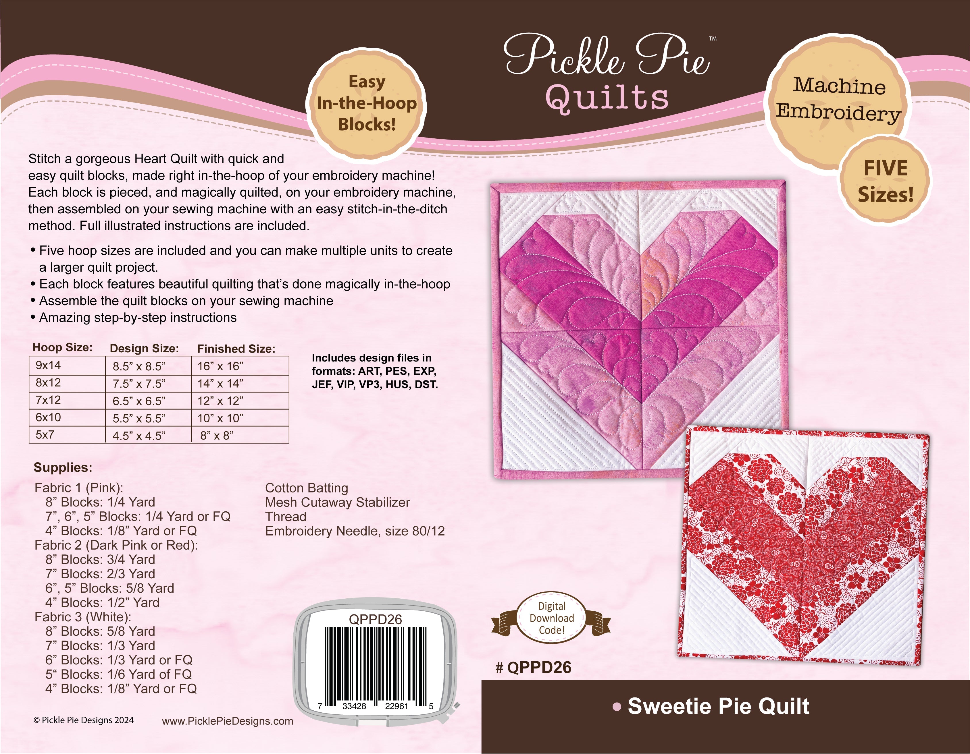 Sweetie Pie Valentine Quilt In the Hoop Machine Embroidery Design Set