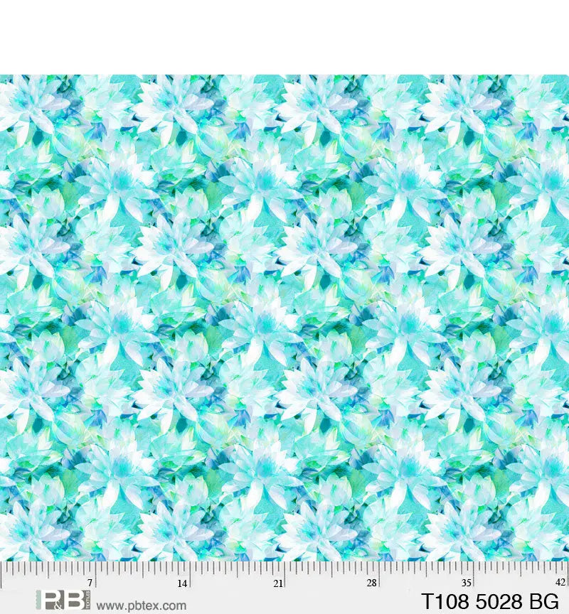 Blue Green Translucence Flowers Cotton Wideback Fabric per yard