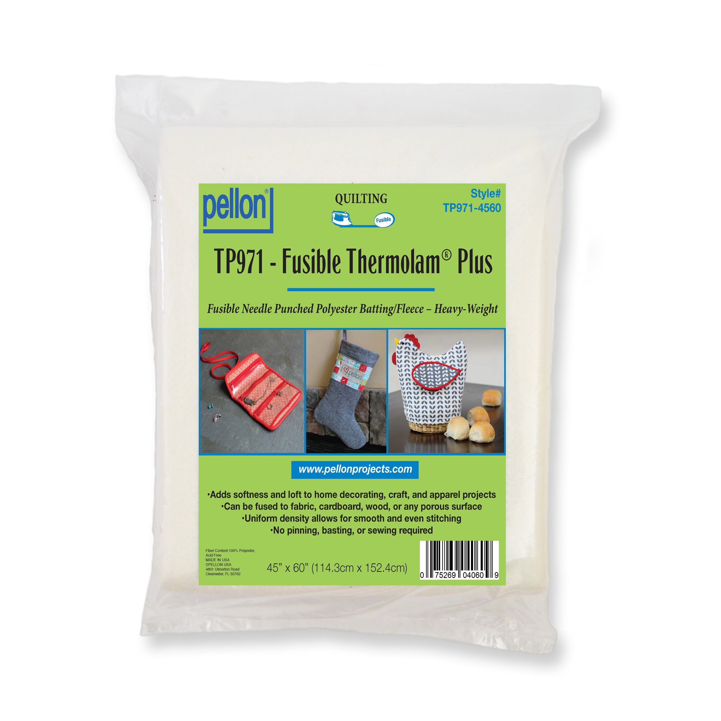 Pellon® TP971F Thermolam® Plus Fusible Fleece 45" x 60" Package. Color: White.